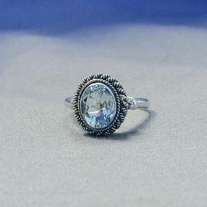 Sterling Silver Oval Blue Topaz Halo Ring Sz 6 3/4